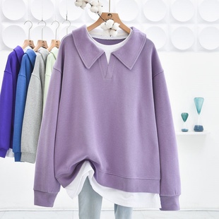 胖MM300斤特大码假两件polo领卫衣长袖女秋季新款拼接中长款上衣