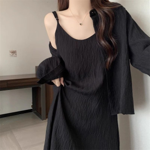 衬衫 长袖 拼接无袖 纯色连衣裙夏款 胖MM2 女吊带裙套装 300斤特大码