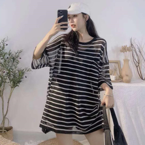 宽松胖MM冰丝针织衫防晒衣女夏洋气条纹口袋薄款外搭空调罩衫上衣