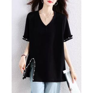 上衣300斤大码 夏季 百搭宽松气质开叉打底衫 衫 胖MM欧货钉珠V领短袖