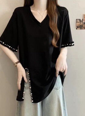 2-300斤大码夏季开叉下摆短袖T恤女时尚钉珠V领显瘦黑色套头上衣