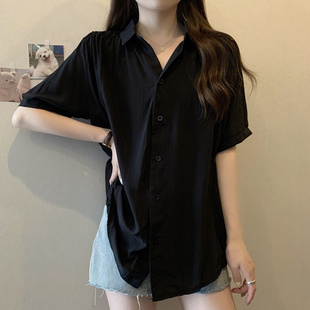 款 女装 夏季 潮 百搭300斤衬衫 遮肉ins短袖 宽松简约中长款 胖妹妹大码