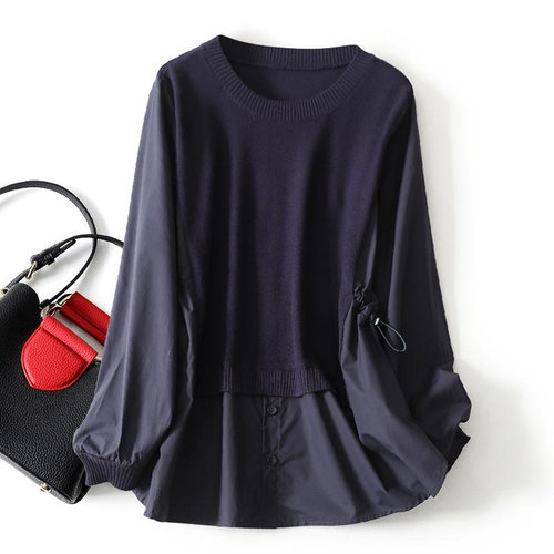 大码纯色针织毛衣拼接假两件衬衫