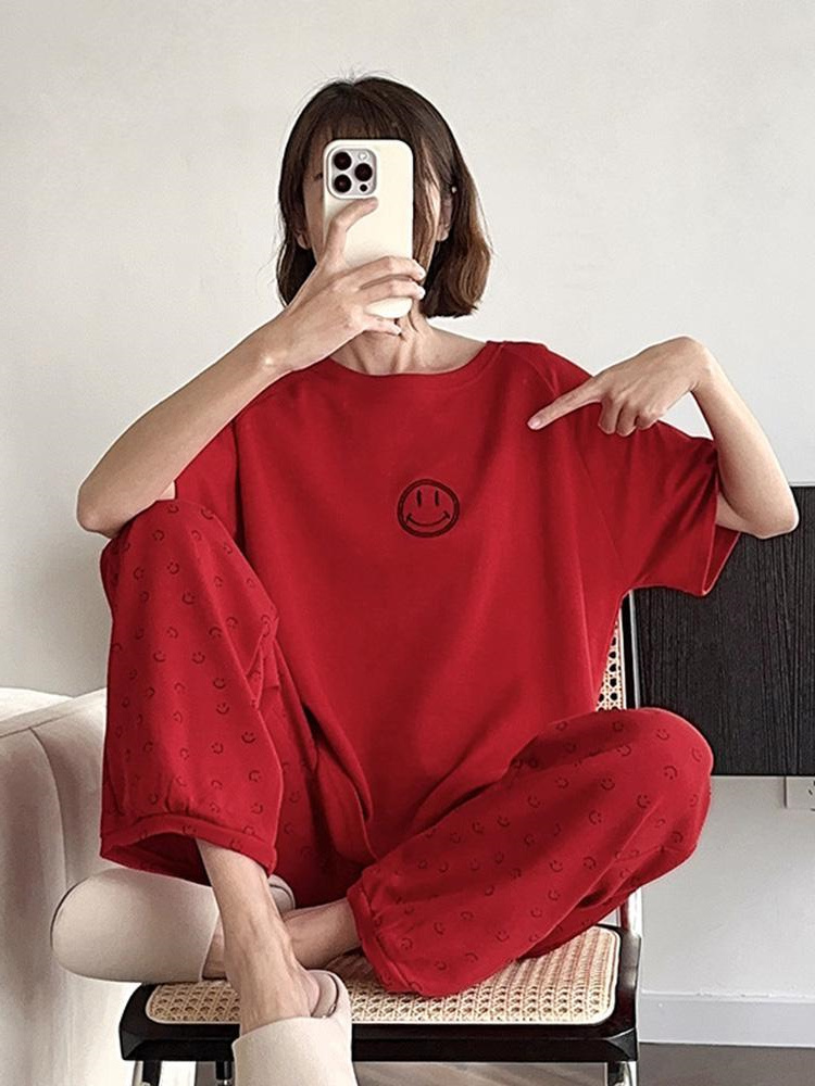 大码短袖拼接长裤家居服套装女装