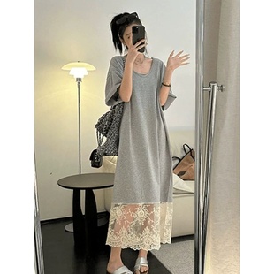 气质显瘦短袖 蕾丝拼接过膝长裙夏季 连衣裙女 300斤韩版 胖mm特大码