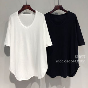 300斤加大码韩版U领短袖T恤女夏季中长款百搭胖MM打底中长款上衣