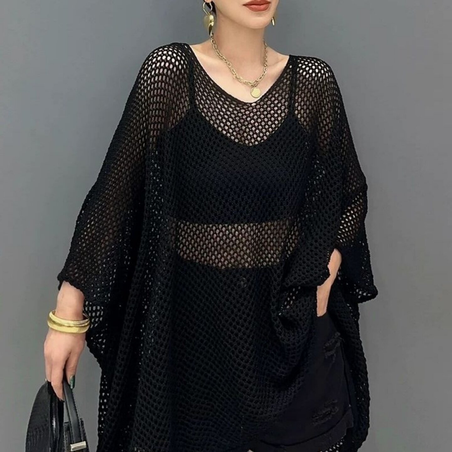 2-300斤大码韩系宽松镂空设计短袖针织罩衫中长款遮肚子套头上衣