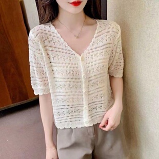 夏季减龄百搭V领镂空针织开衫女短袖薄款纽扣衫防晒上衣300斤大码