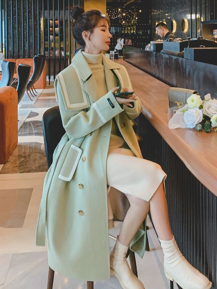 宽松加厚长款休闲毛呢大衣外套女