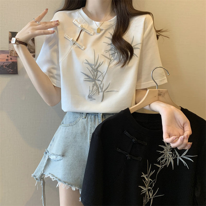 夏季刺绣女装短袖圆领T恤上衣潮