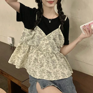 女装 夏季 遮肉碎花吊带假两件拼接上衣胖妹妹300斤特大码 韩系短款
