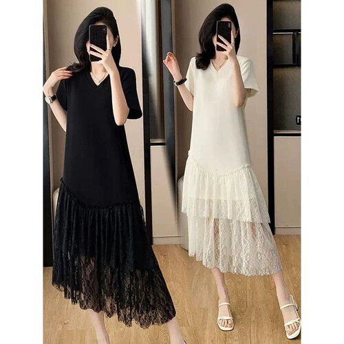 时尚长款过膝蕾丝拼接T恤裙女