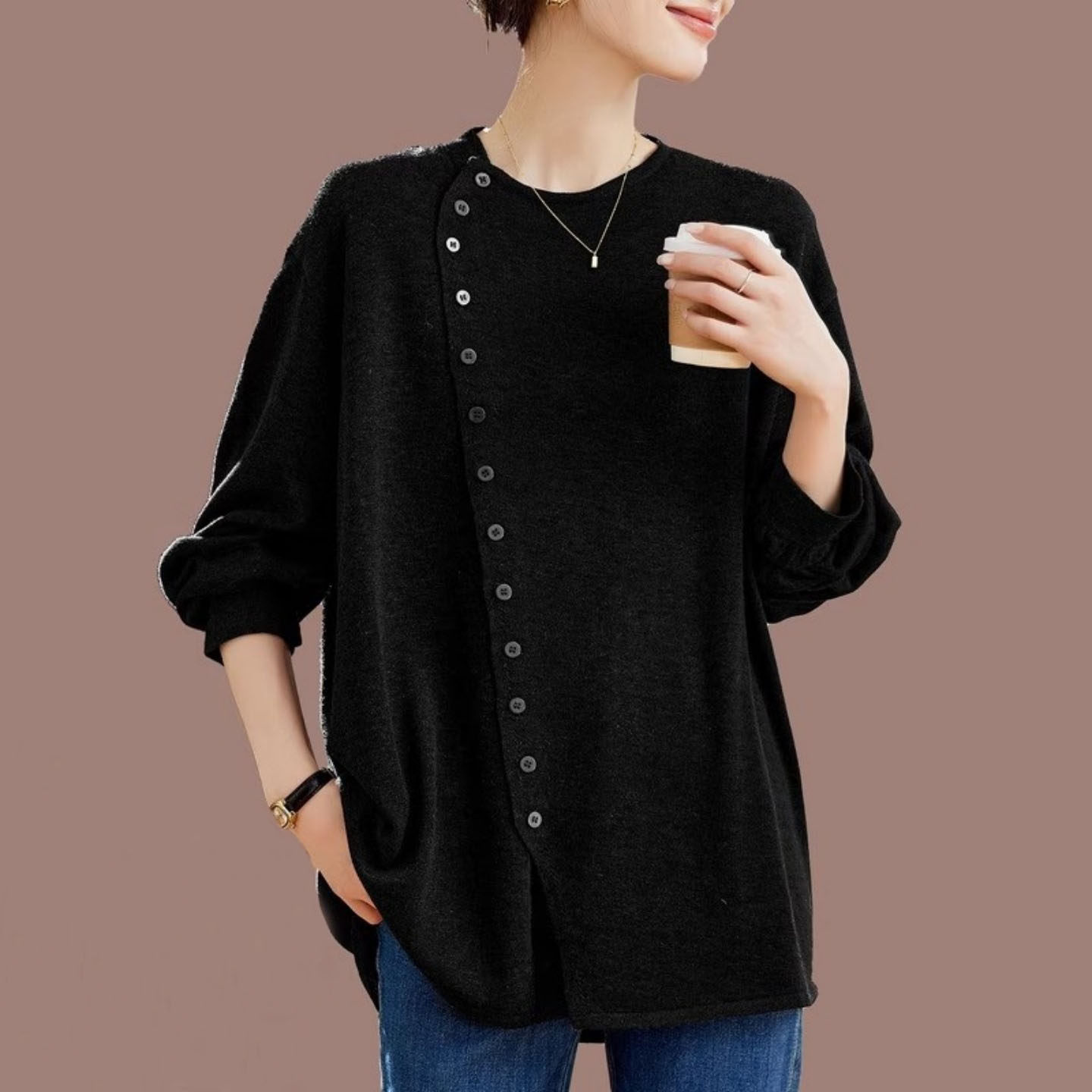 韩式休闲风纯色长袖纽扣T恤女宽松遮肉显瘦中长款上衣300斤特大码