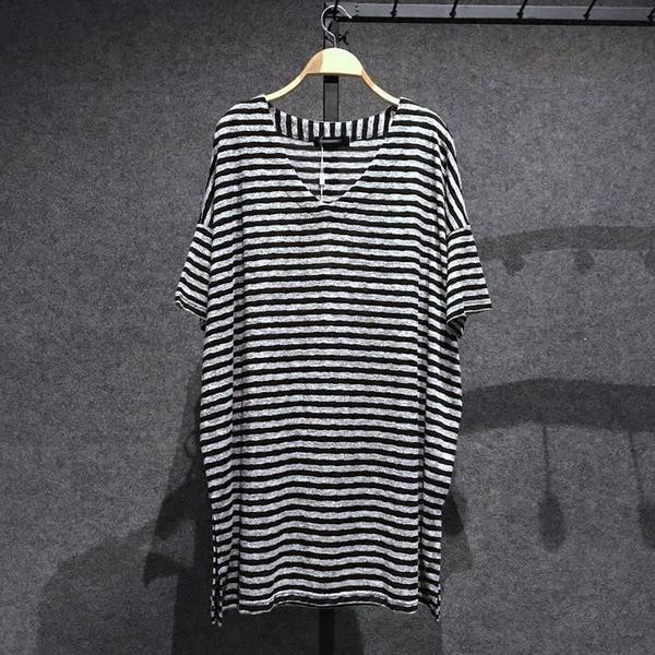中长款过臀条纹短袖宽松打底上衣