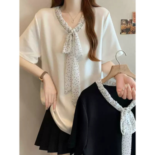 2-300斤胖MM波点飘带短袖T恤女夏季设计感百搭宽松显瘦上衣加大码