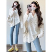 胖MM2 内搭上衣 气质温柔风显瘦长袖 300斤大码 连帽蕾丝拼接打底衫