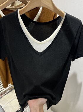 黑色V领撞色假两件针织短袖T恤女气质韩版坎肩打底上衣300斤大码