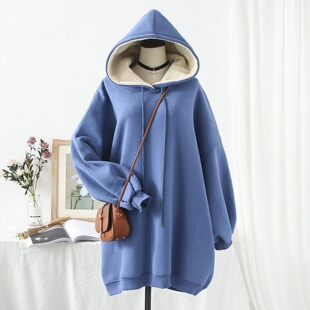 300斤大码女装胖MM秋冬新款连帽卫衣加绒加厚中长款遮肚长袖外套