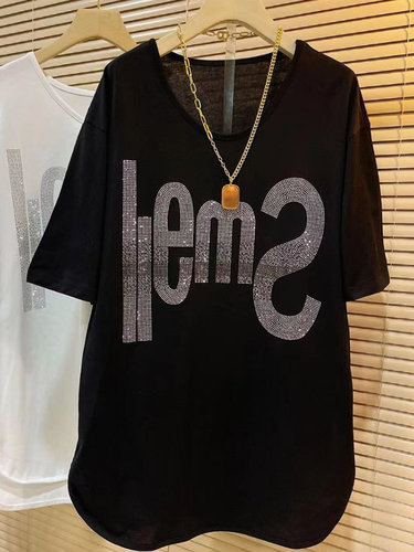 宽松薄款烫钻短袖中长款打底上衣