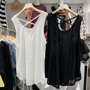 T恤胖MM百搭拼接无袖 夏季 宽松蕾丝露背打底衫 新款 背心女 300斤大码