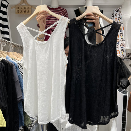夏季新款300斤大码宽松蕾丝露背打底衫T恤胖MM百搭拼接无袖背心女
