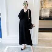 法式 连衣裙 秋冬女长款 温柔风时髦纯色慵懒款 V领胖妹妹300斤特大码