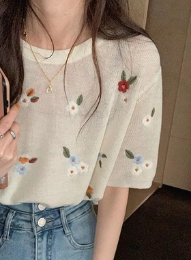 胖MM2-300斤加大码甜美风刺绣设计冰丝针织衫夏季短袖薄款上衣女