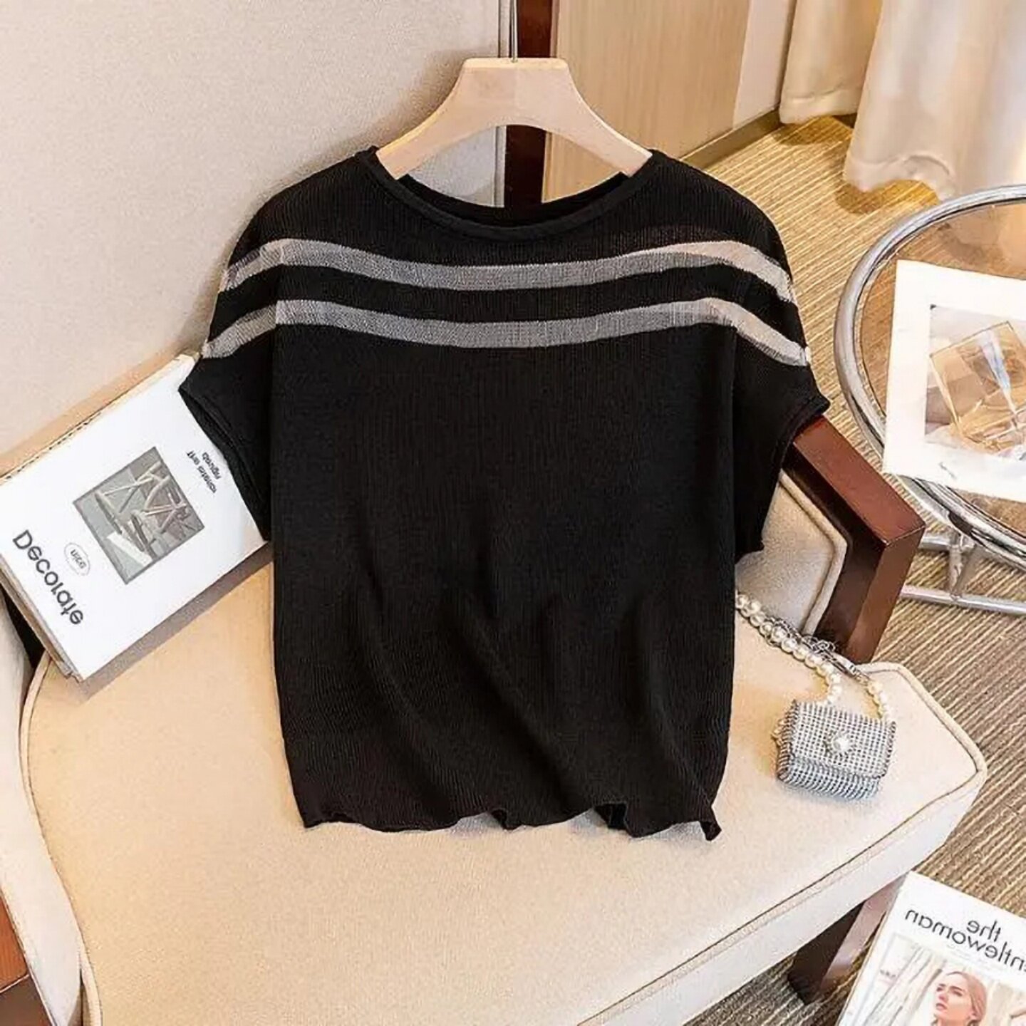 设计感条纹透视拼接圆领短袖针织衫300斤特大码宽松显瘦套头上衣
