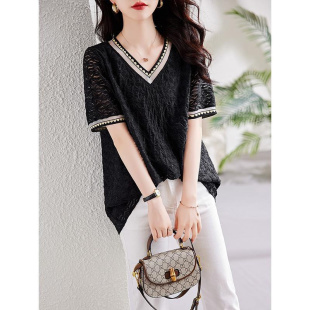 短袖 胖妹妹300斤宽松遮肉洋气慵懒风中长款 女装 夏季 上衣 V领特大码