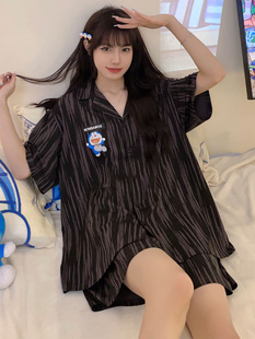 胖MM300斤大码条纹高级感短袖开衫高腰短裤家居服两件套装女ins潮