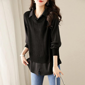 胖MM300斤超大码 ins 针织毛衣女装 拼接假两件衬衫 纯色宽松气质长袖