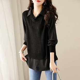胖MM300斤超大码拼接假两件衬衫纯色宽松气质长袖针织毛衣女装ins