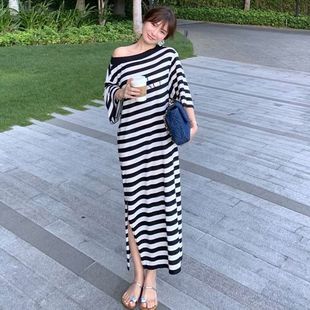 胖mm200斤大码女装一字领冰丝针织连衣裙新款夏季短袖休闲减龄裙