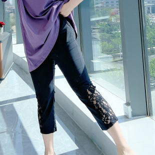 弹力休闲百搭蕾丝拼接高腰八分裤 薄款 女ins潮 300斤特大码 胖妹妹2