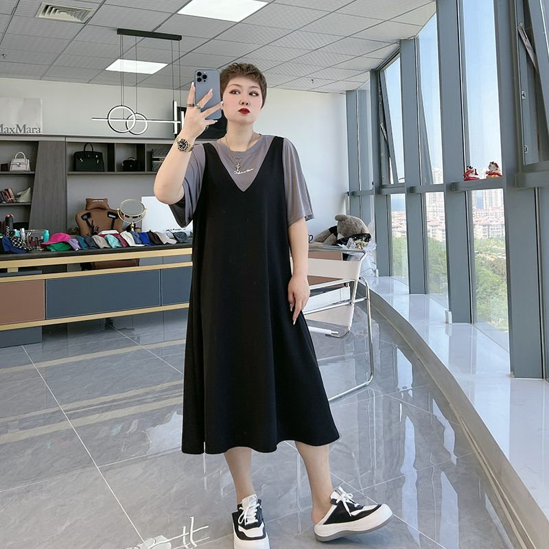 胖妹妹2-300斤加大码宽松别致小众ins假两件短袖连衣裙夏季女长裙