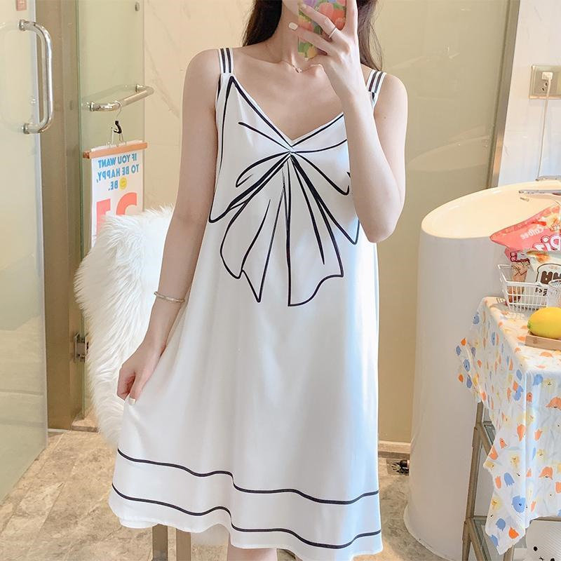 뚱뚱한 MM2-300 파운드 여성용 플러스 사이즈 잠옷 여름 얇은 V 넥 느슨한 순수한 정욕 스타일 중간 길이 서스펜더 섹시한 스커트