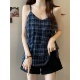 复古时尚 格子吊带衫 减龄韩系胖MM大码 夏季 气质V领无袖 背心300斤女