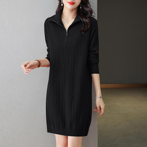 大码半拉链中长款秋冬针织毛衣裙