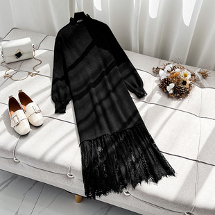 胖MM300斤加大码 潮流性感风下摆拼接蕾丝秋冬连衣裙女 高级感美式