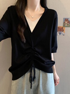 遮肉假两件上衣T恤夏季 韩系V领冰丝针织衫 300斤大码 胖妹妹2 女装