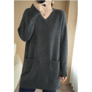 V领显瘦休闲百搭遮肉针织毛衣女 宽松加厚中长款 秋冬装 300斤特大码