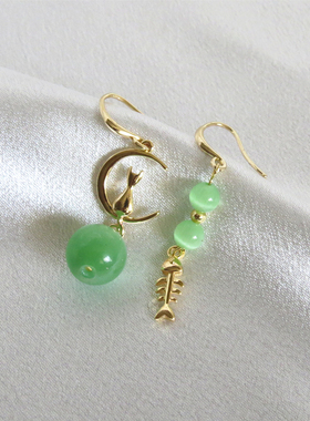 绿色猫眼石耳环天然珍珠款白色18K镀金小鱼原创设计精致可爱清新