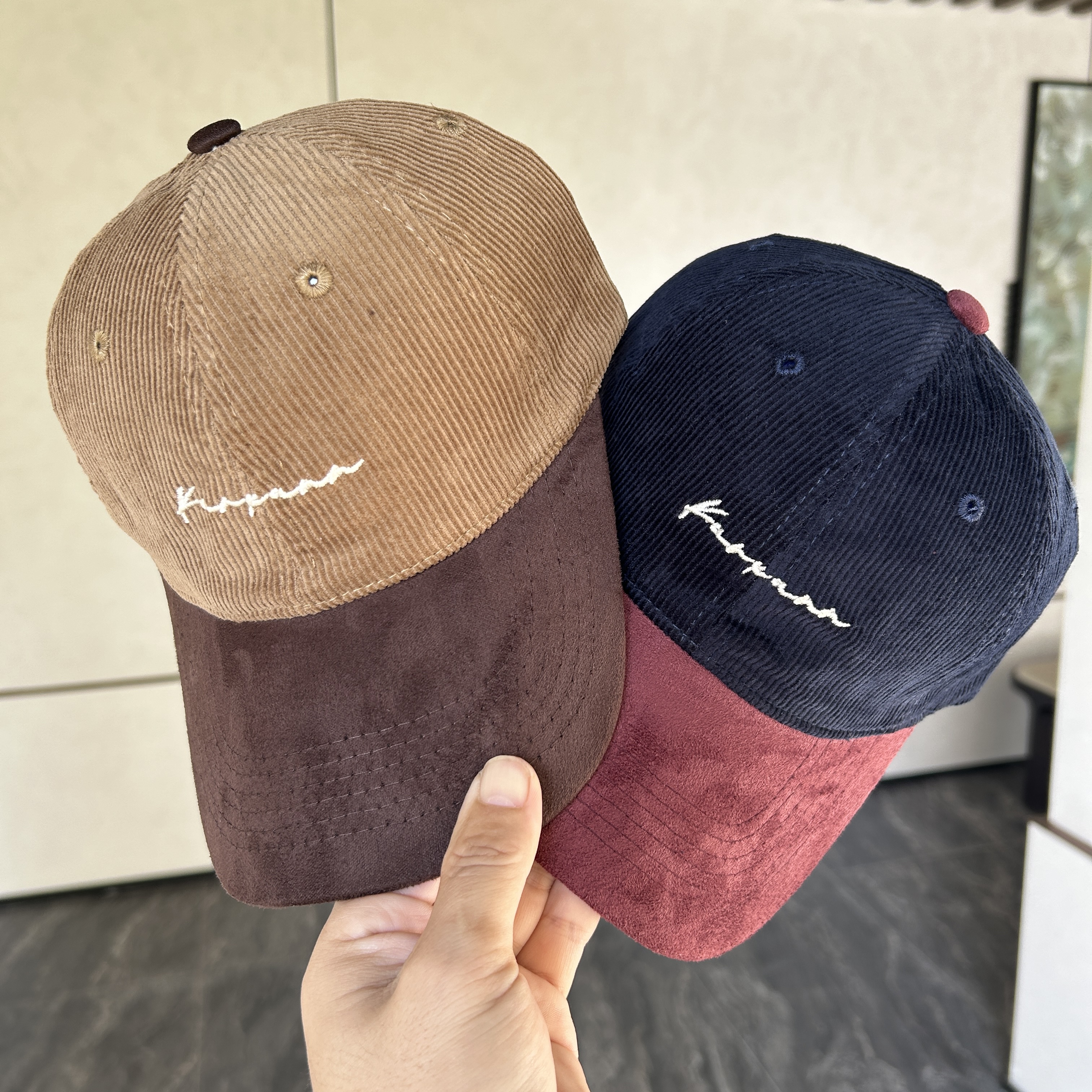 美式复古灯芯绒拼色棒球帽子女秋冬季百搭显脸小遮阳刺绣鸭舌帽男