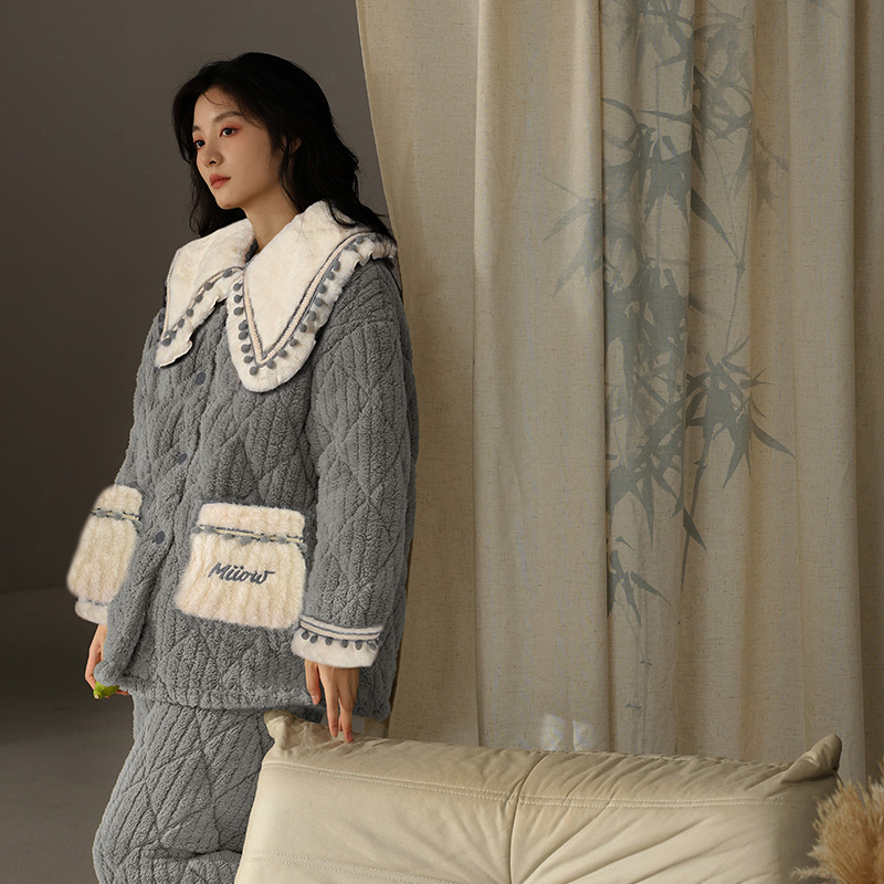 春秋季睡衣女款加绒加厚珊瑚绒