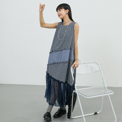 异材拼接格纹背心裙2025夏季新款