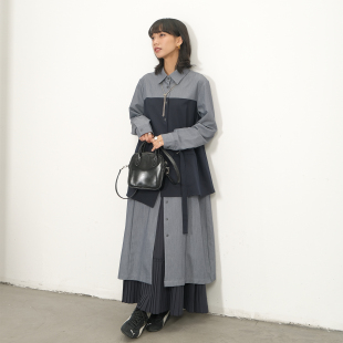 inkday日系轻复古假两件拼接衬衫裙女 单排扣可收腰气质连衣裙秋