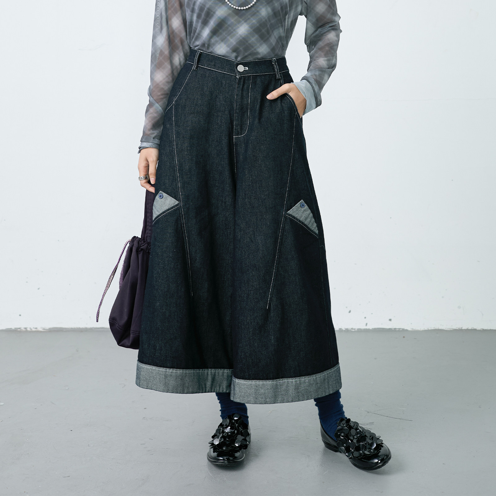 inkday日系轻复古翻边牛仔阔腿裤女 松紧腰休闲百搭显瘦神裤春季