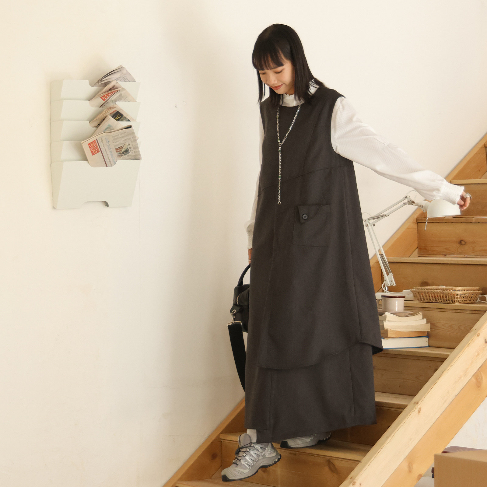 inkday日系轻复古毛呢背心裙女 后背拉链不规则下摆a字连衣裙秋冬