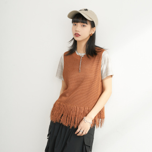 inkday日系轻复古流苏针织背心女 马甲上衣 高弹力百搭层次感无袖