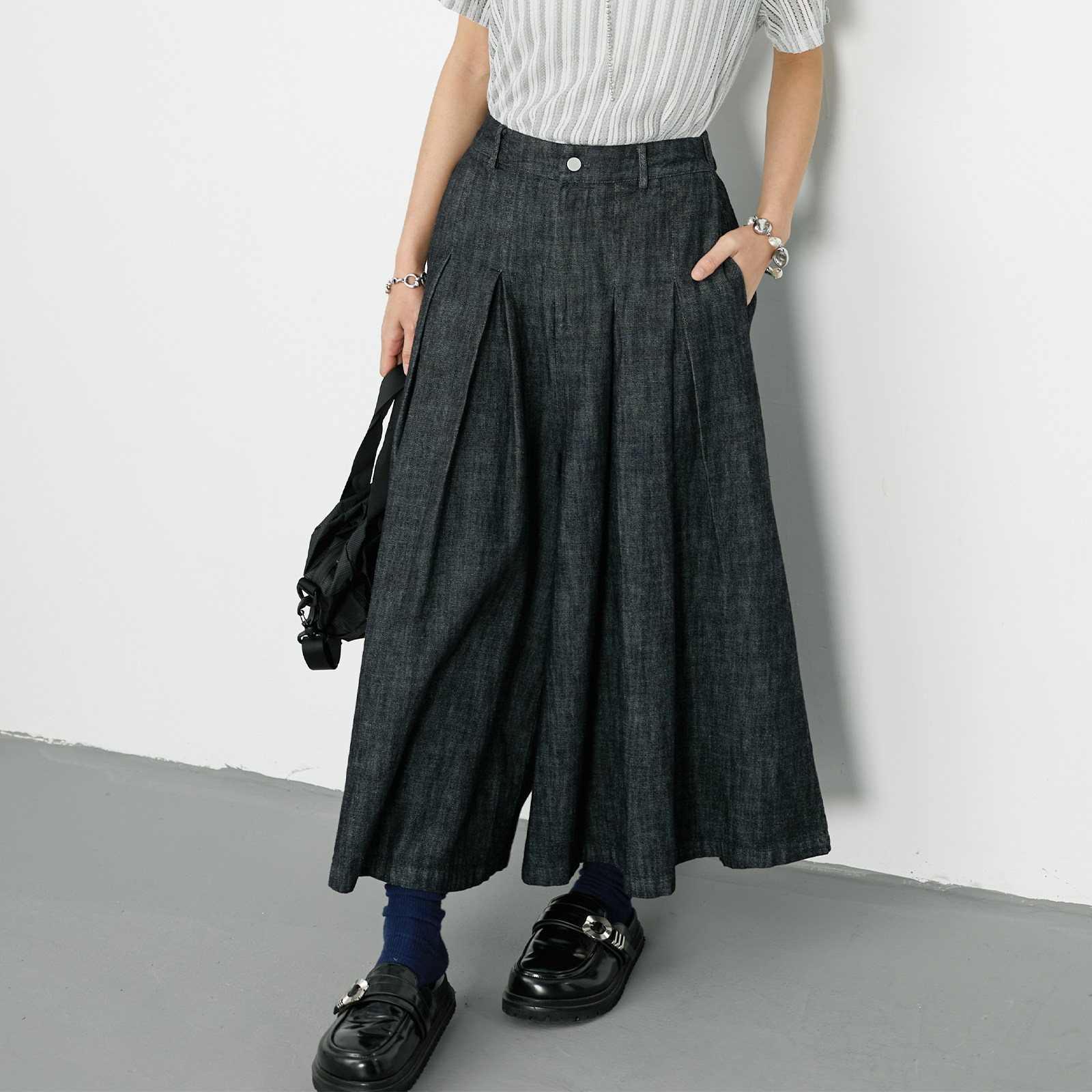 inkday日系轻复古暗褶牛仔阔腿裤女 松紧腰休闲百搭遮胯显瘦裤子